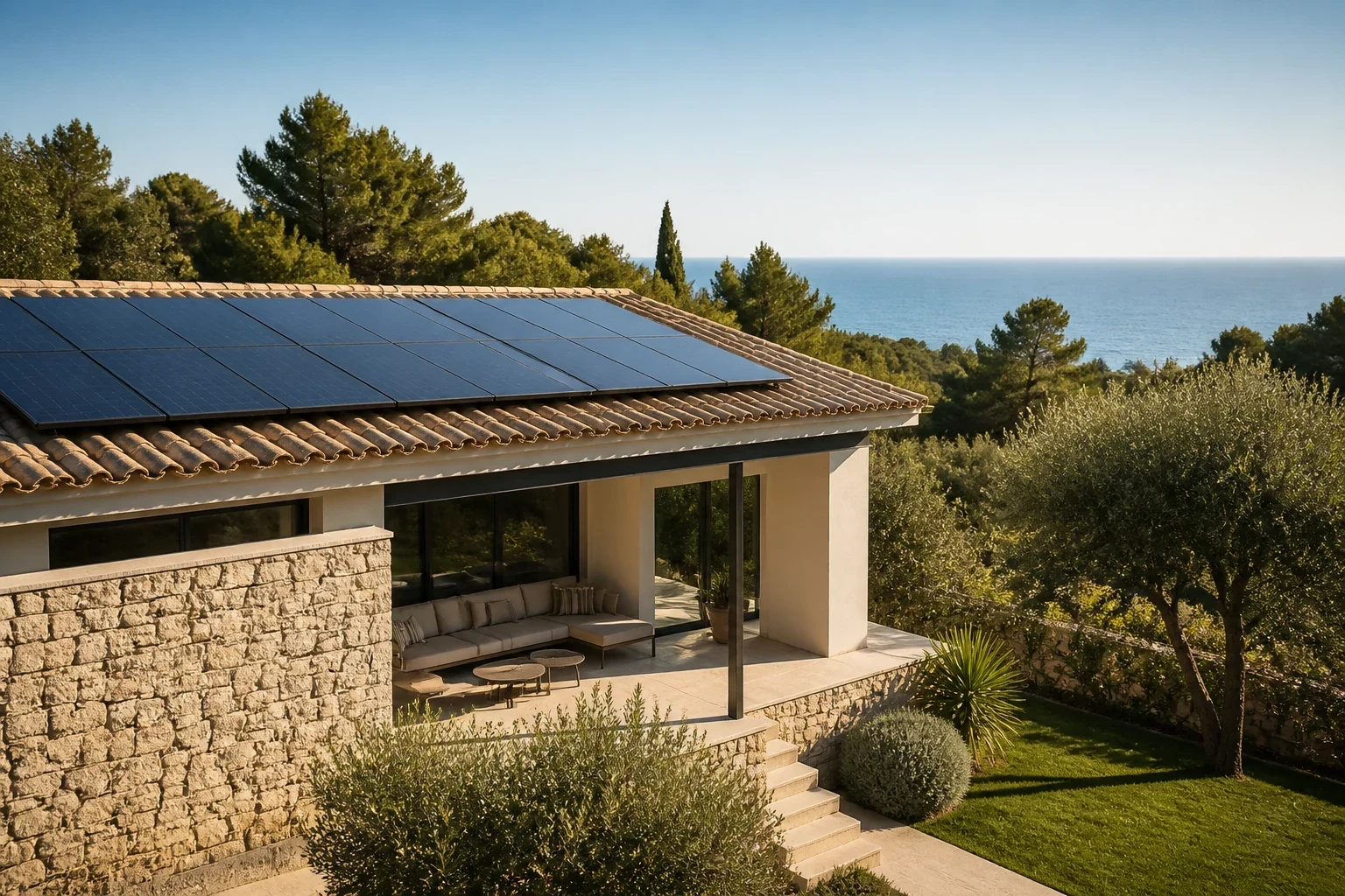 Projet solaire dans l'Hérault — littoral Scène photovoltaïque premium dans l'Hérault : littoral