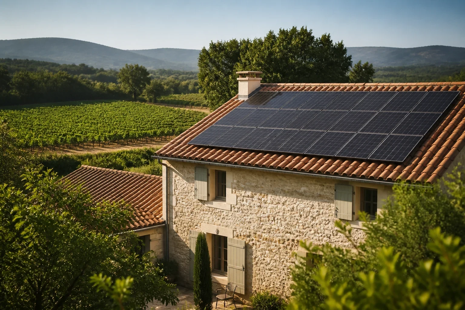 Projet solaire dans l'Hérault — vignoble Scène photovoltaïque premium dans l'Hérault : vignoble
